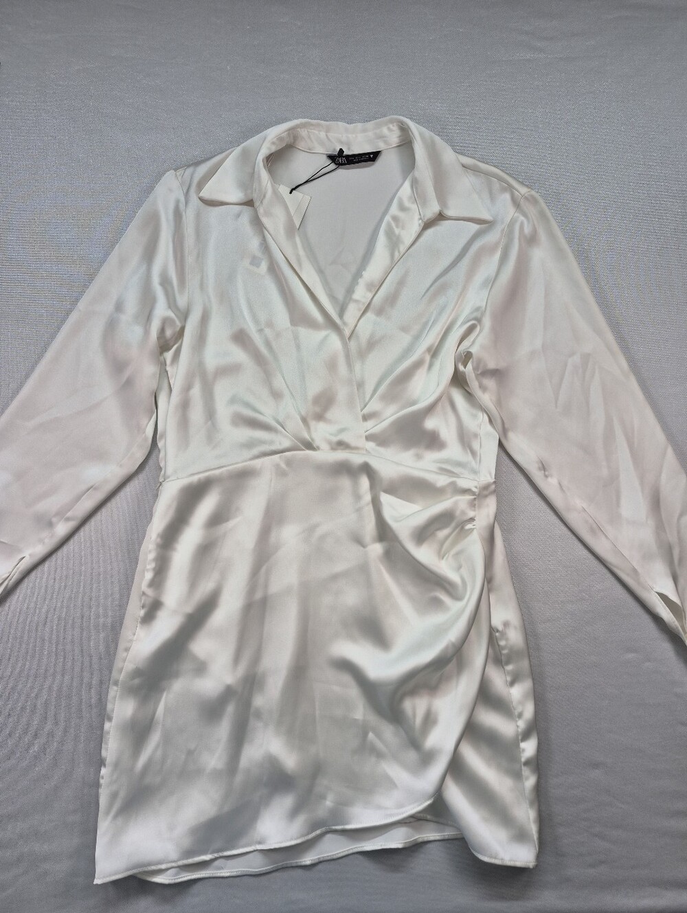 Zara Women's L White Silk Effect Draped Long Sleeve Shirt Dress 4437/098 NWT - Picture 3 of 16